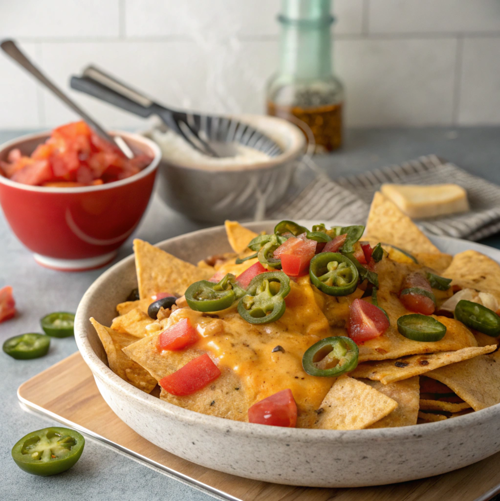 Air fryer nachos topped with melted cheese, jalapeños, and salsa, served on a plate