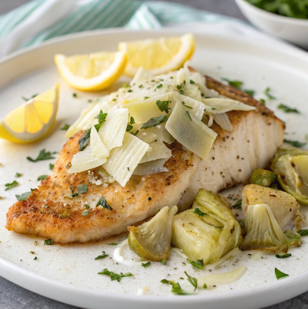 Golden-brown Parmesan and artichoke tilapia fillets on a serving plate garnished with fresh herbs