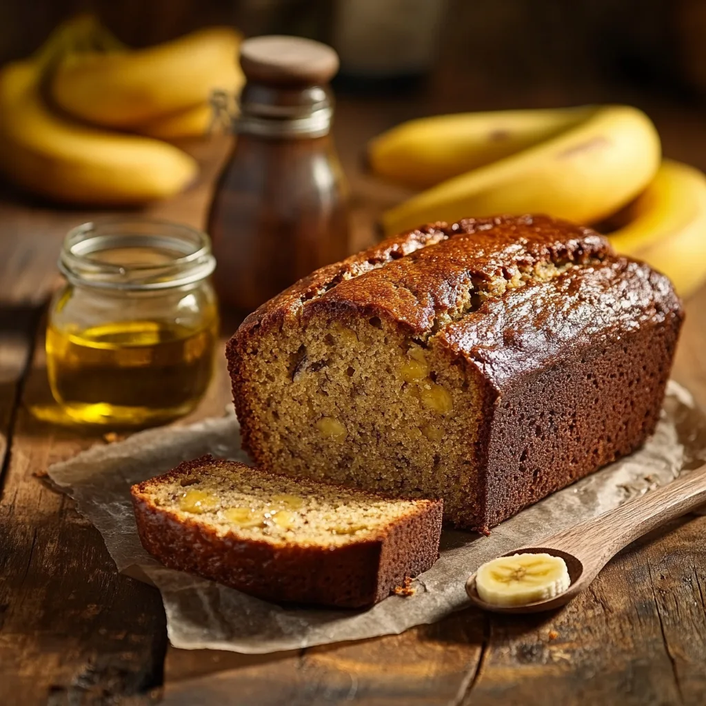 Freshly baked banana bread loaf with ripe bananas and oil.