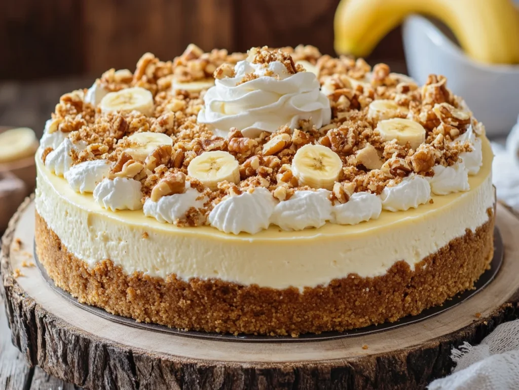 Banana Pudding Crunch Cheesecake on a dessert table.