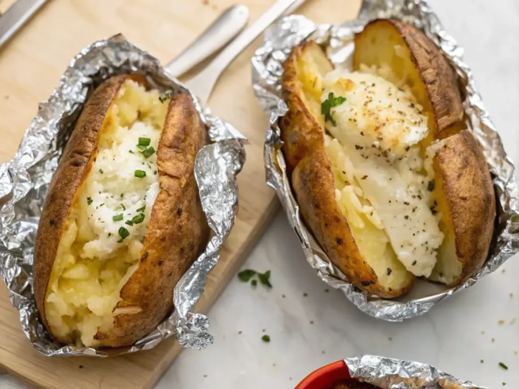 Baked potatoes wrapped in foil in an oven