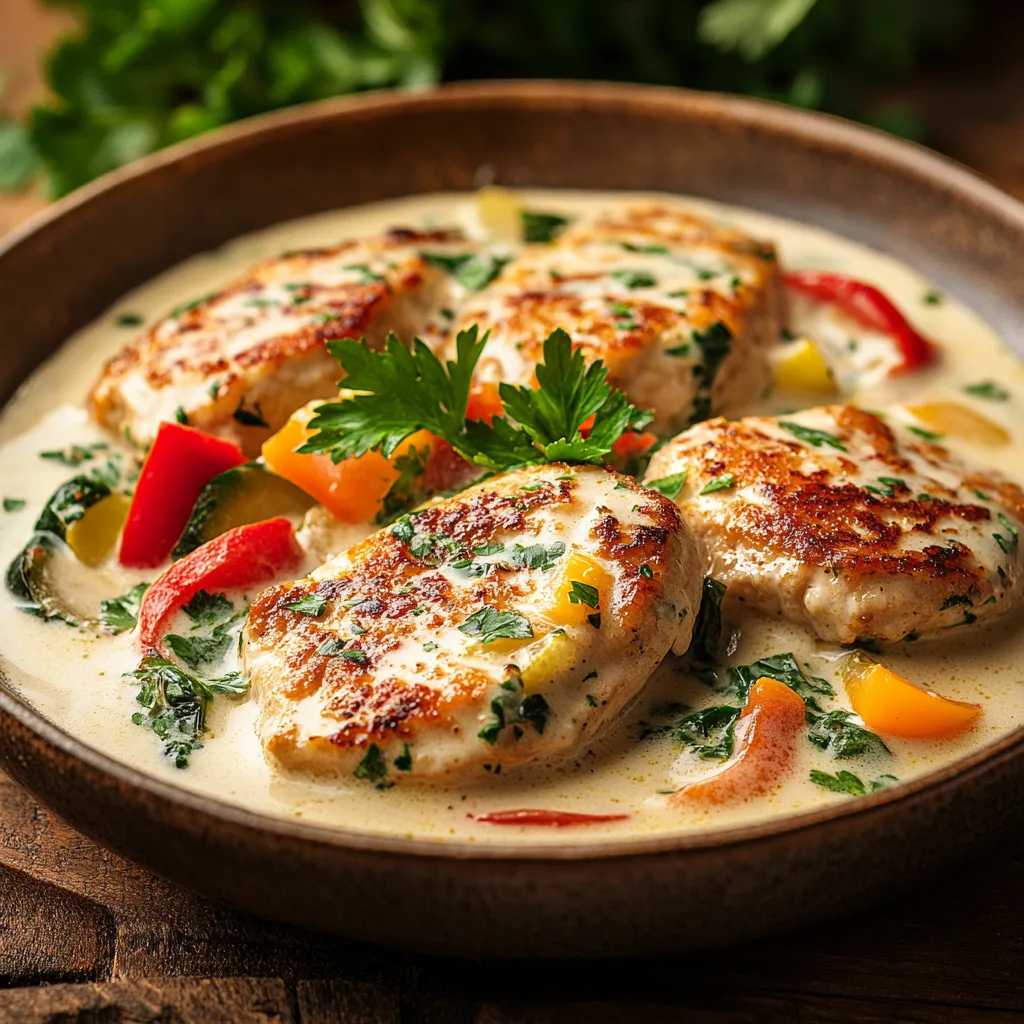 Baked chicken cutlets in cream and vegetable sauce served on a rustic plate