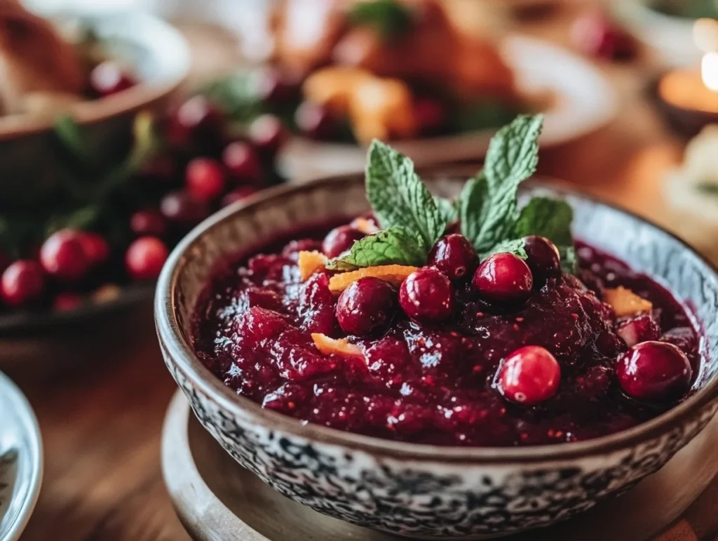 Canned cranberry sauce served in a rustic bowl with fresh cranberries and orange zest.