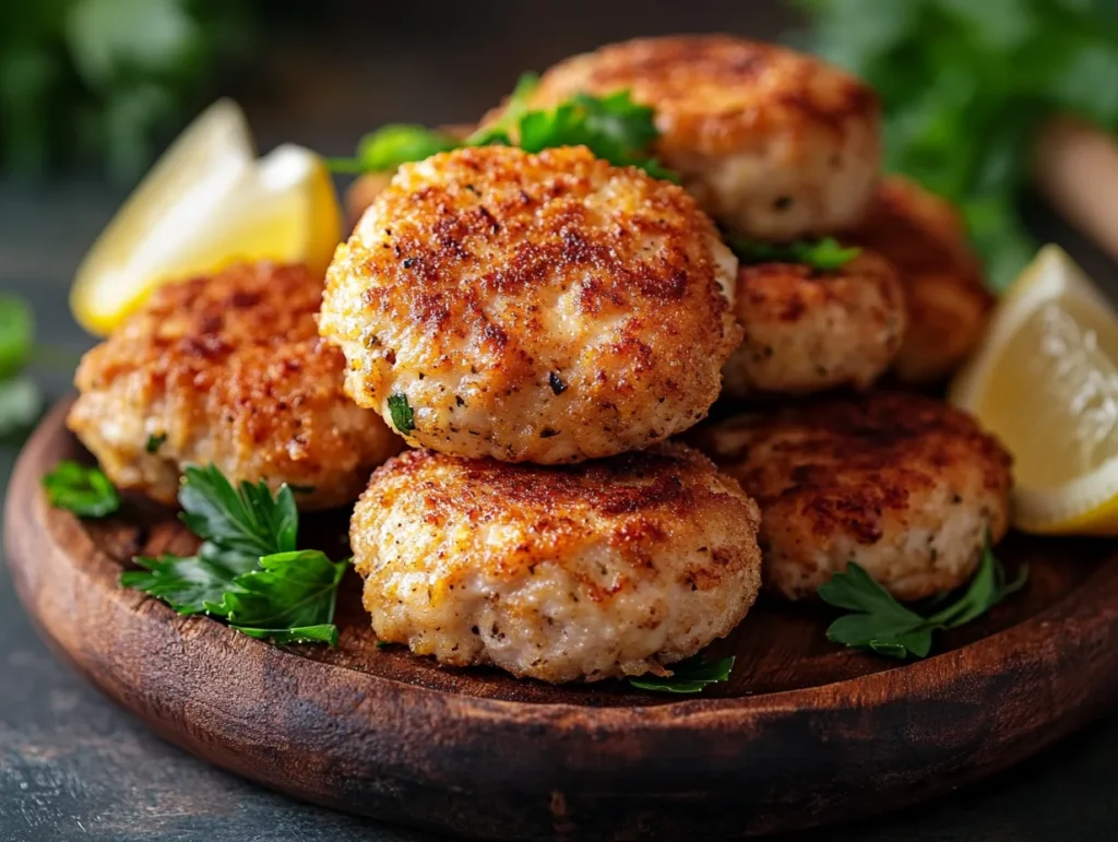 Golden crispy baked chicken cutlets served with lemon wedges.