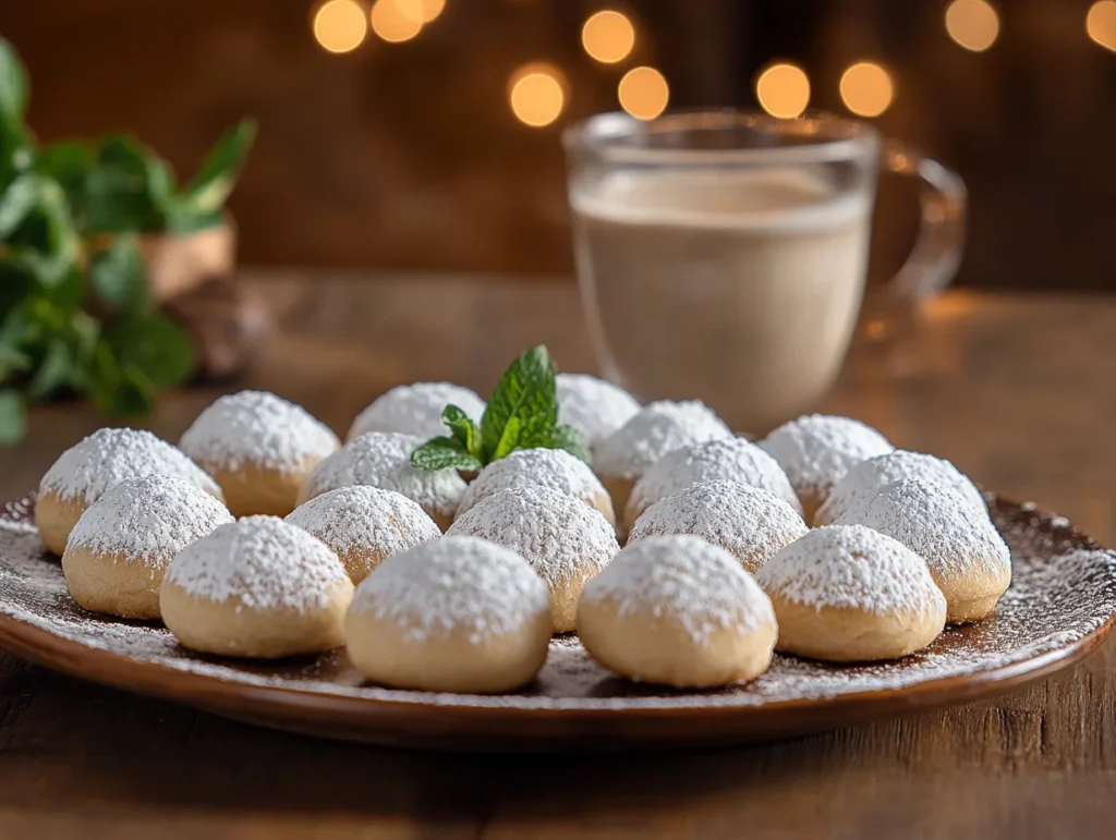 Traditional Greek Butter Cookies on a rustic platter with powdered sugar