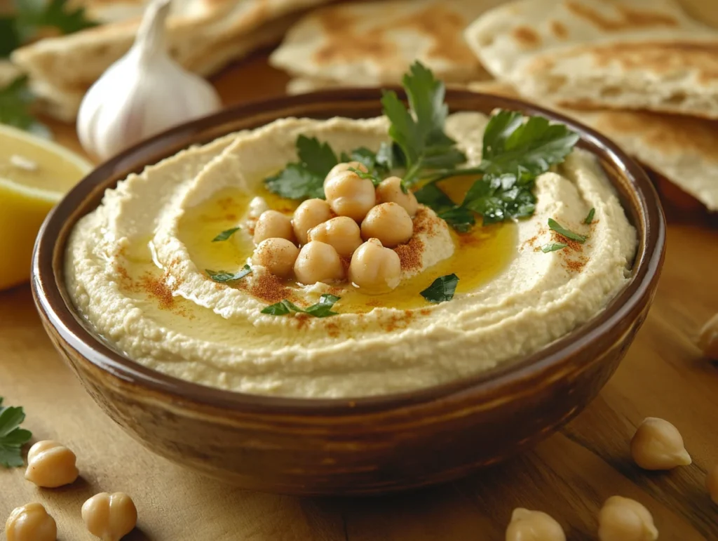 Homemade garlic hummus without tahini in a rustic bowl with garnishes