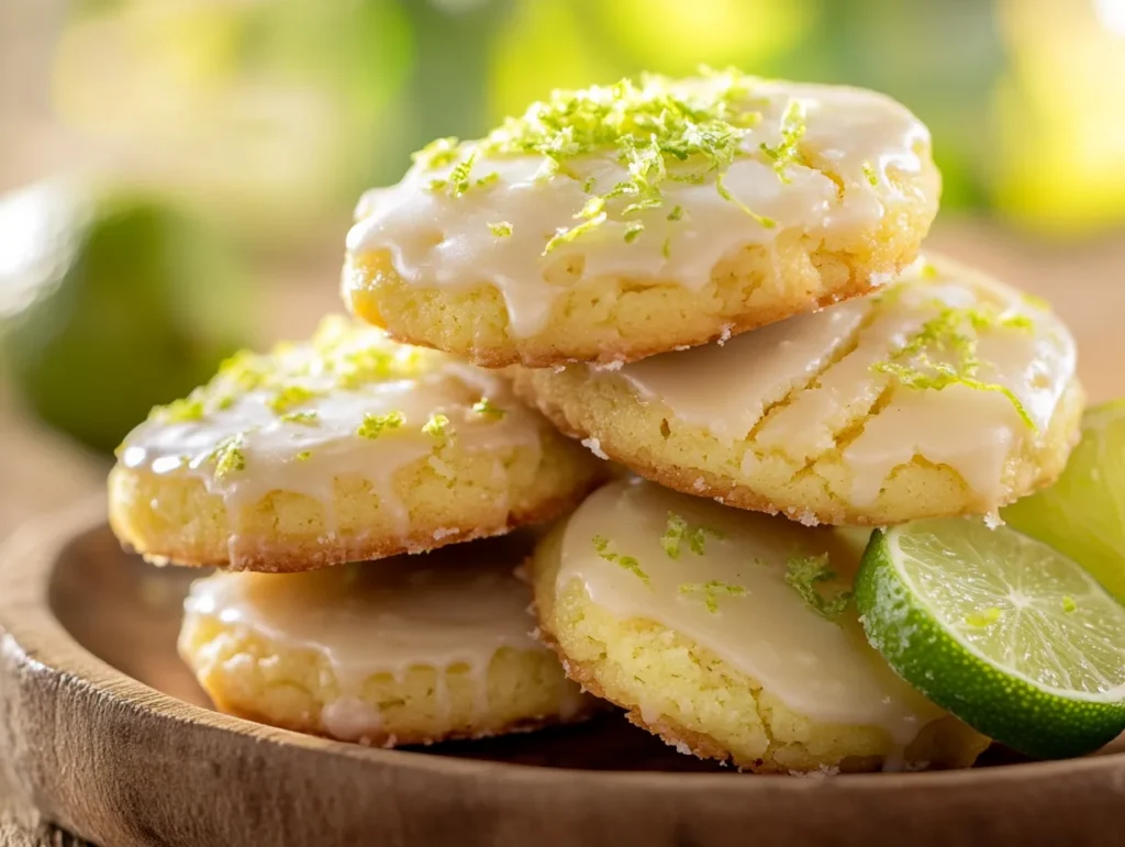 Freshly baked key lime cookies with lime glaze and zest.