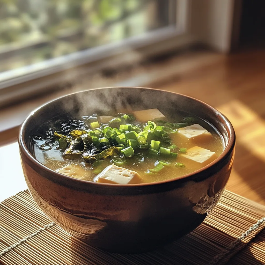 Traditional miso soup with green onions, tofu, and seaweed.