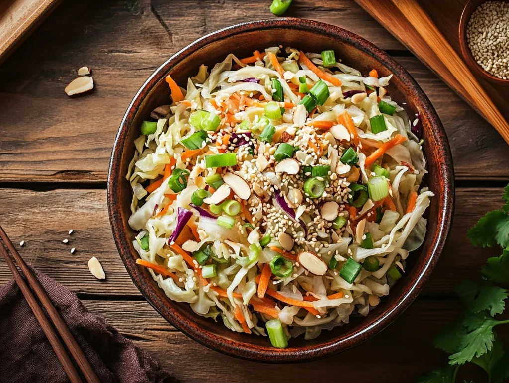 A colorful bowl of Napa Cabbage Salad with Ramen Noodles, garnished with almonds and sesame seeds.