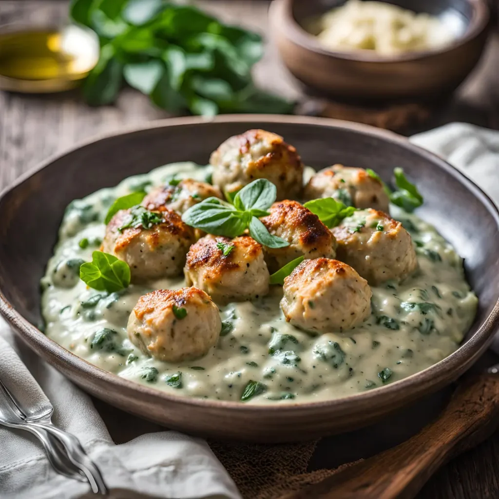 Chicken ricotta meatballs served with spinach Alfredo sauce.