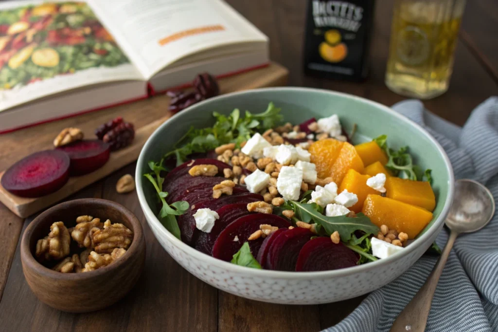 Colorful beet and feta salad with fresh greens and nuts