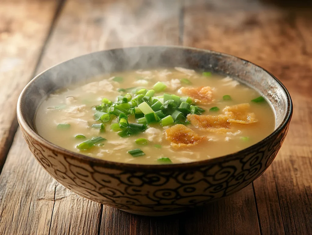 A pot of chicken miso soup simmering with visible chicken and vegetables.