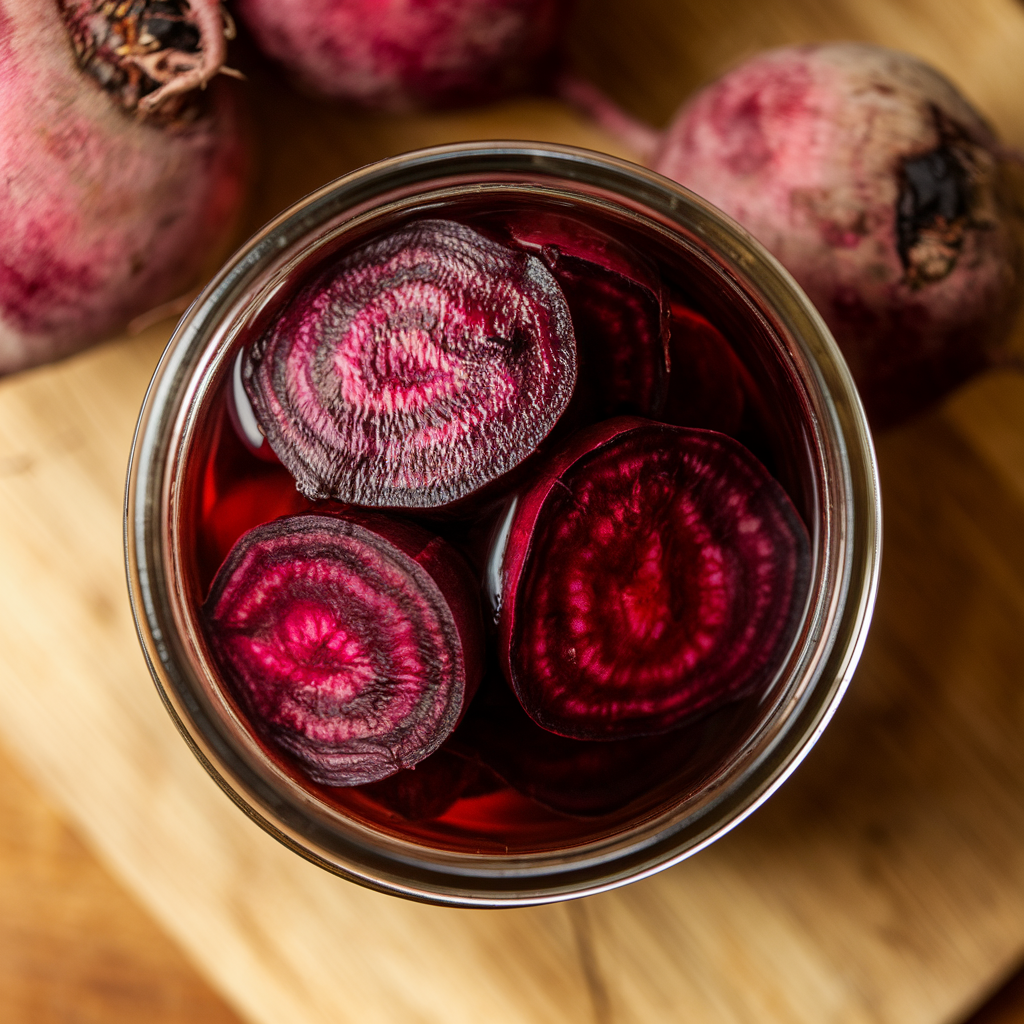 Fermented beets in a mason jar with spices