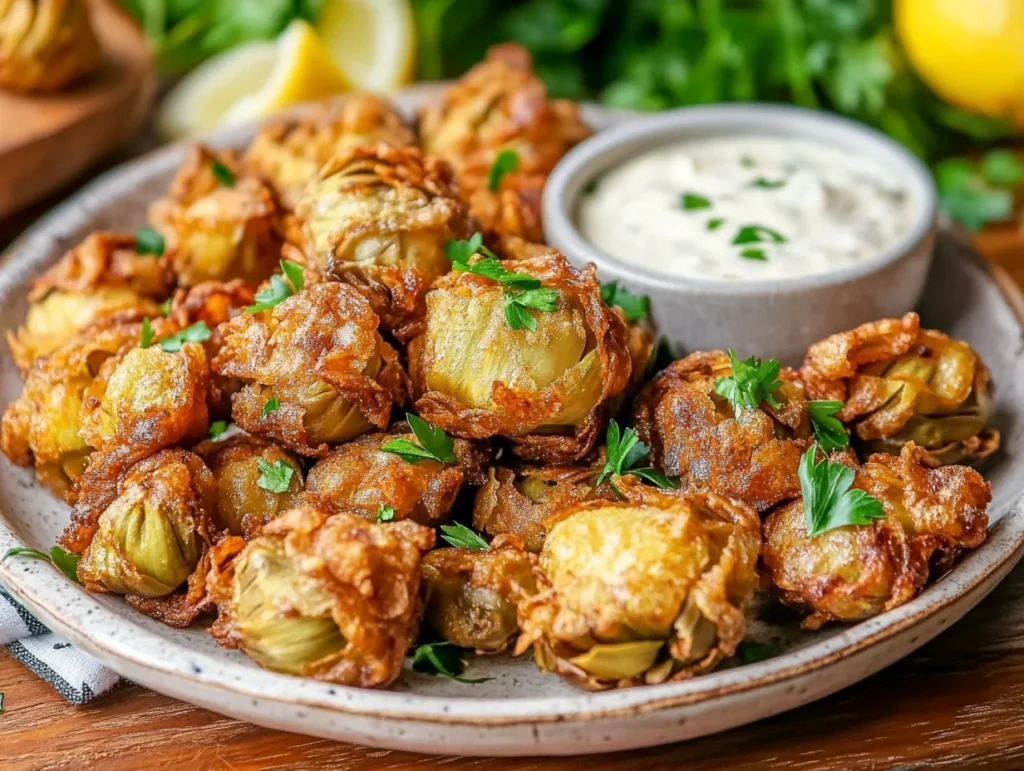 Golden fried artichokes garnished with parsley and lemon slices.