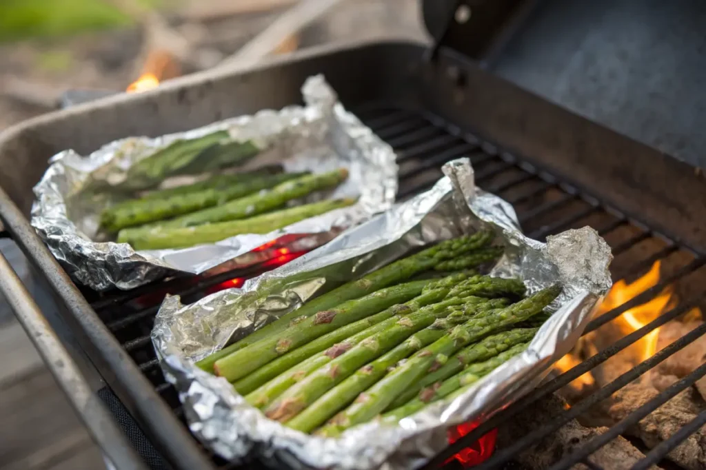 Grilling asparagus in foil on a barbecue grill