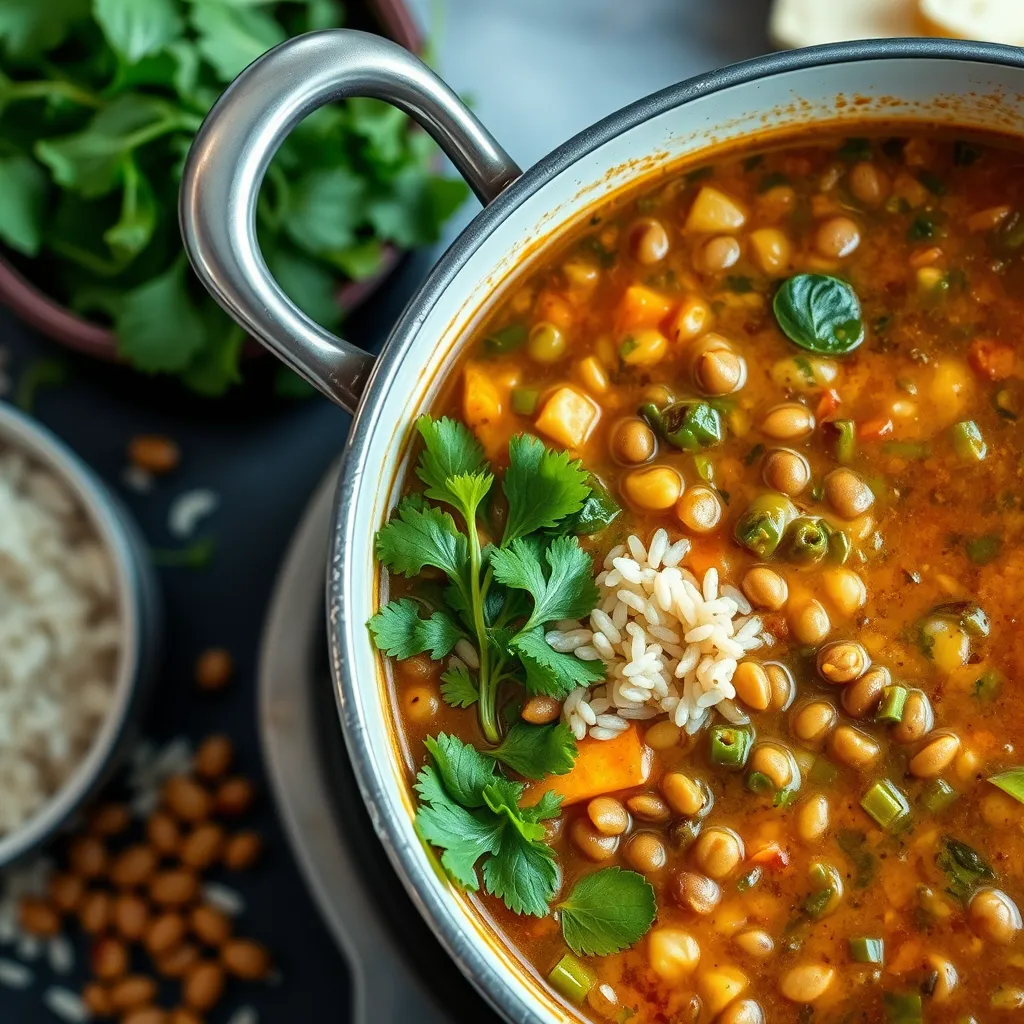 Bowl of traditional lentil soup with greens and rice on a rustic wooden table