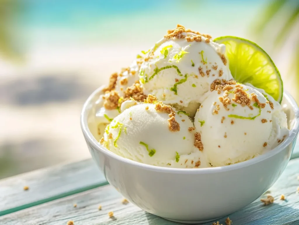 A bowl of creamy Key Lime Pie Ice Cream with lime zest and graham cracker crus