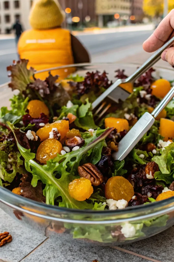 Mandarin orange salad in a ceramic bowl garnished with fresh oranges and mint.