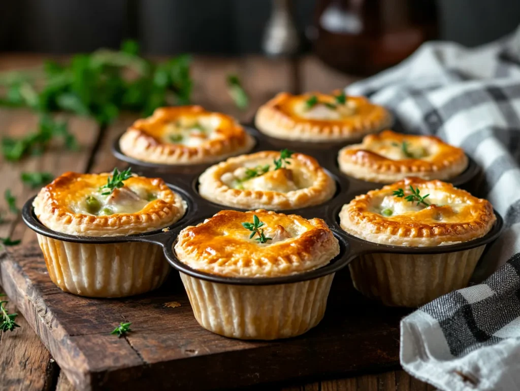 Freshly baked mini chicken pot pies in a muffin tin	