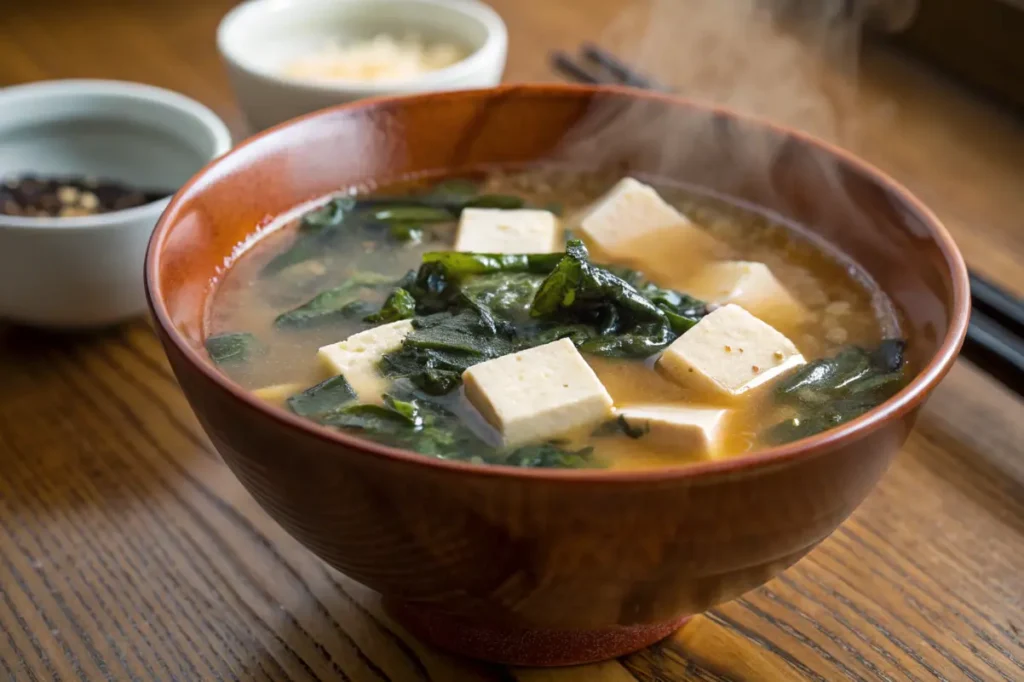 A bowl of miso soup with tofu and seaweed on a wooden table