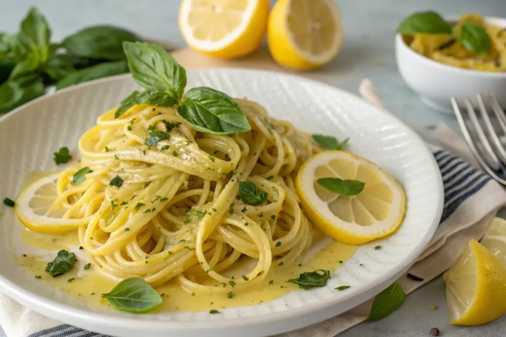 Pasta with lemon butter sauce and basil served in a white bowl