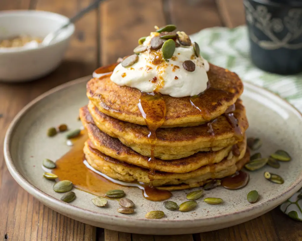 A stack of fluffy pumpkin protein pancakes topped with fresh berries and a drizzle of maple syrup