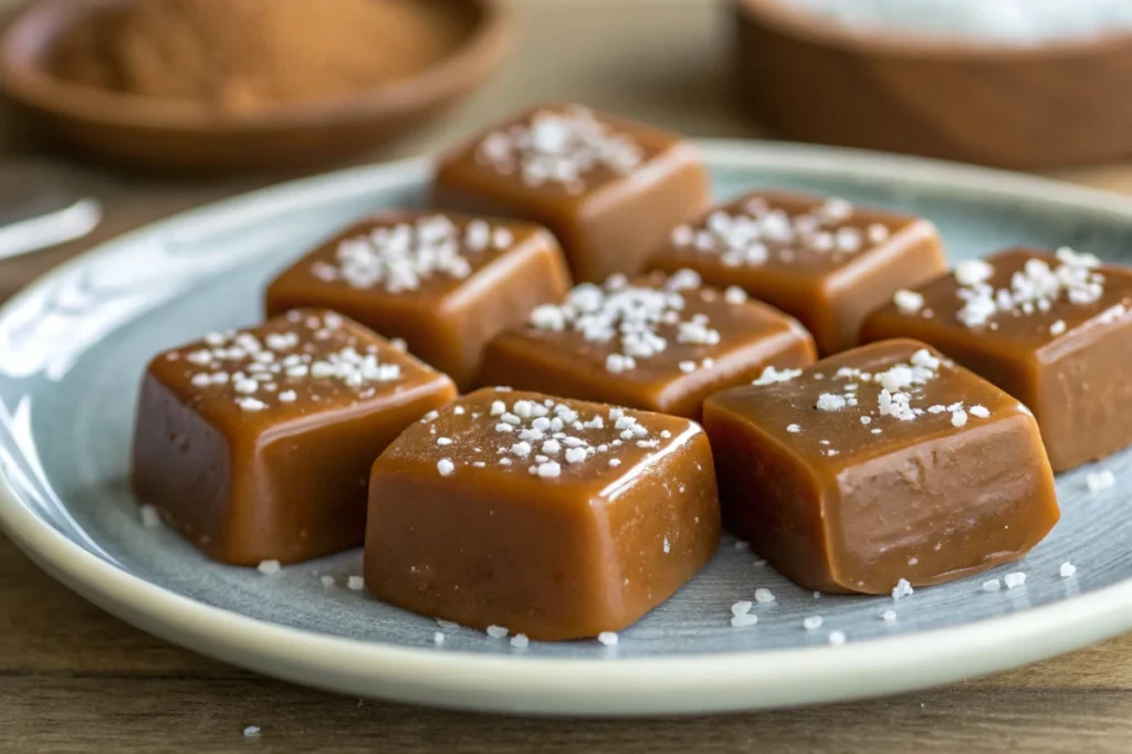 Homemade salt caramels with sea salt sprinkles