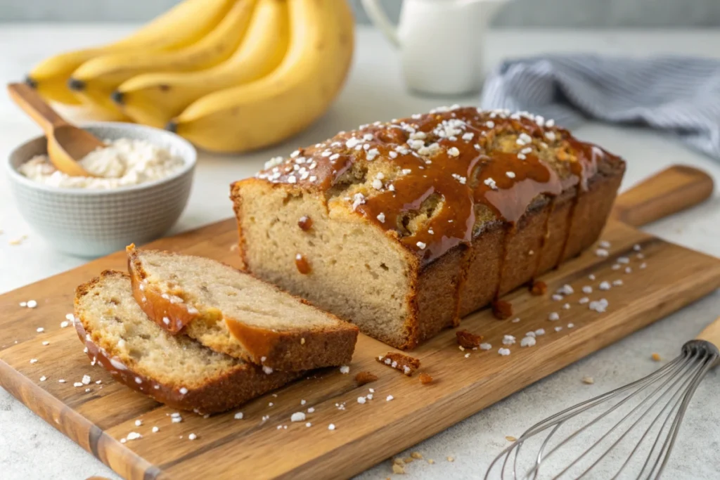 Golden-brown salted caramel banana bread loaf with caramel drizzle.