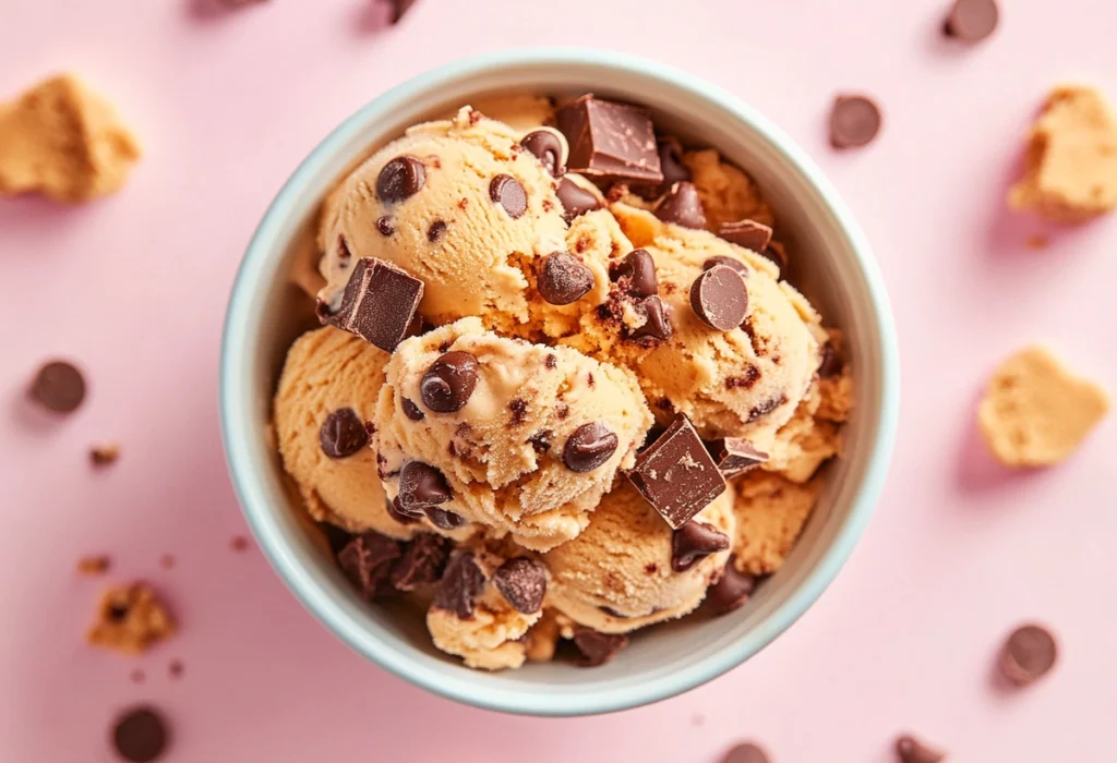 A bowl of gluten-free cookie dough ice cream with cookie chunks.