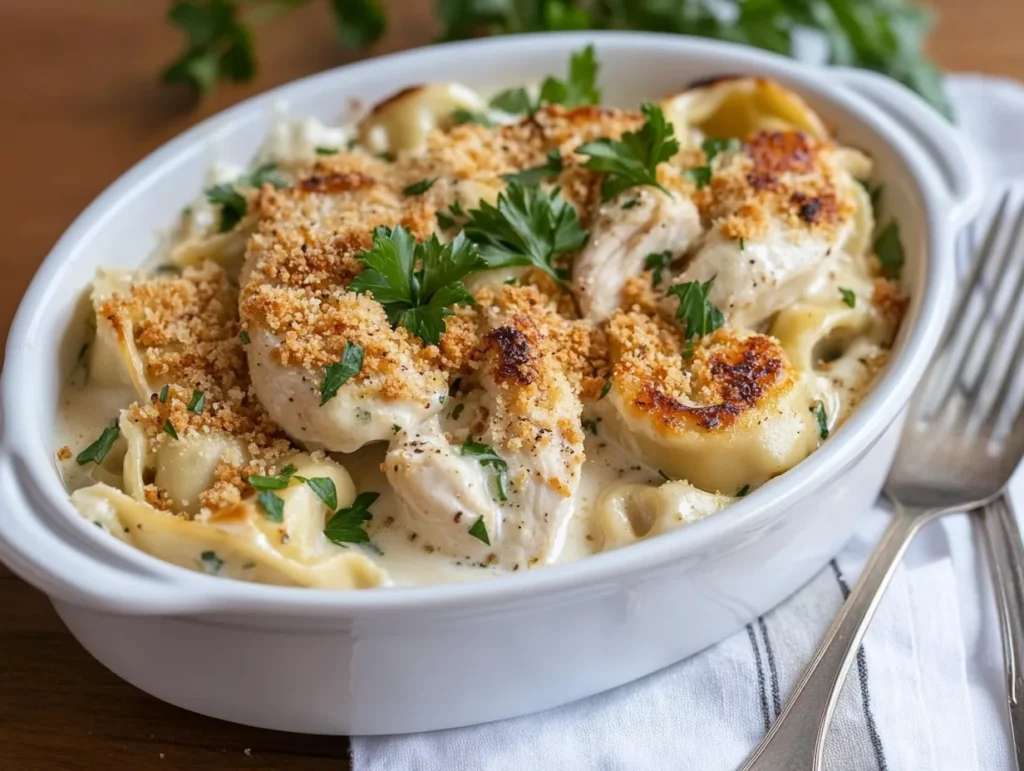 Baked Asiago Tortellini Alfredo with Grilled Chicken in a white casserole dish