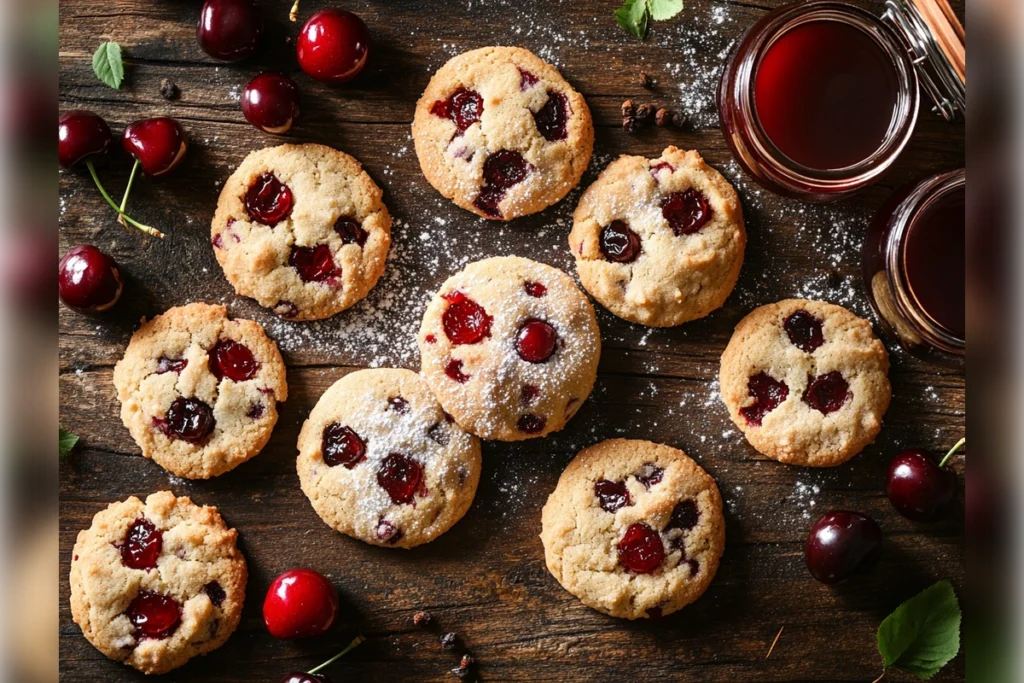 Freshly baked cherry cookies on a rustic wooden table.