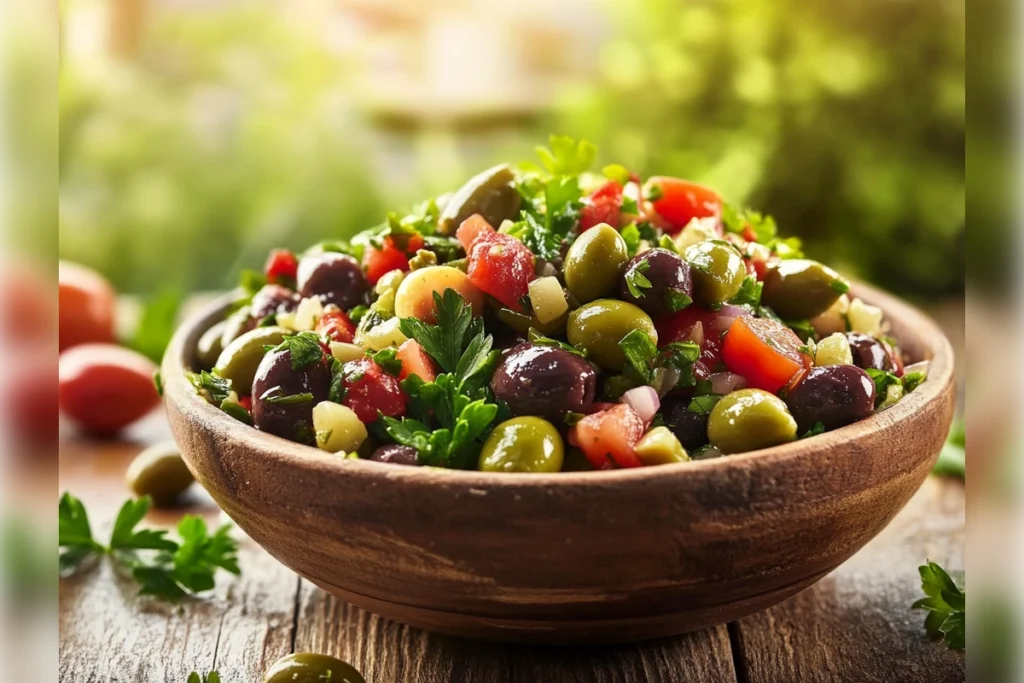 Rustic bowl of olive salad with herbs and olive oil.