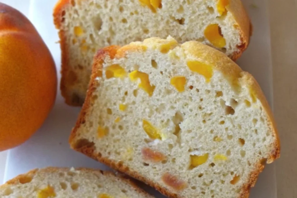 Freshly baked peach bread loaf with peach chunks.