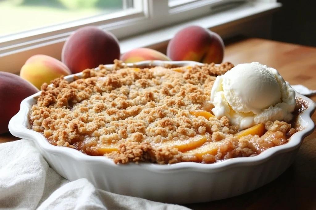 Freshly baked peach crumble in a ceramic dish with vanilla ice cream.