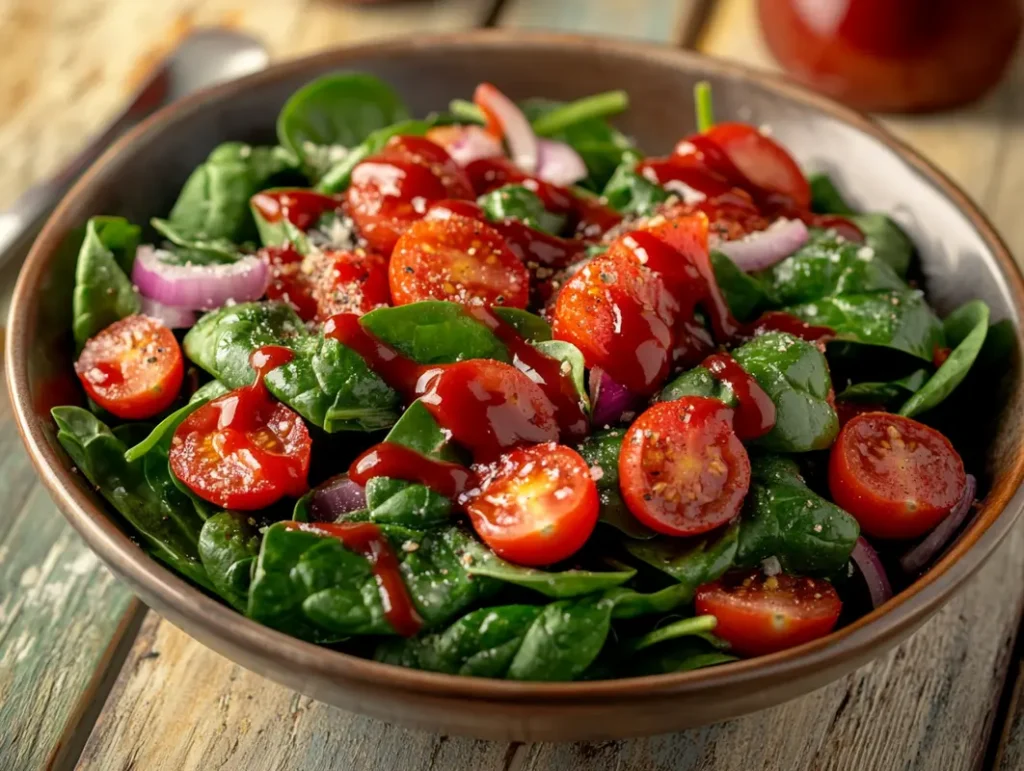 Spinach salad with ketchup dressing