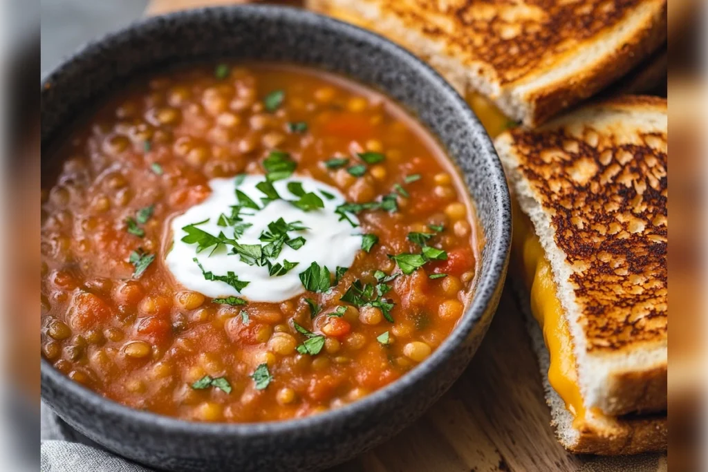 Lentil tomato soup with grilled cheese	