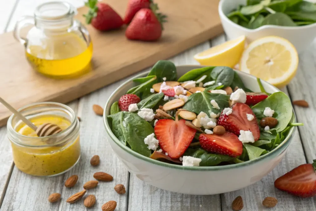 Fresh spinach salad with homemade spinach salad dressing.