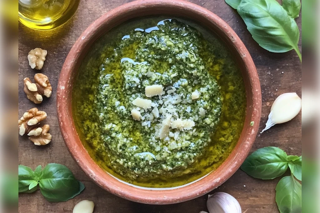 Freshly made basil walnut pesto sauce with ingredients