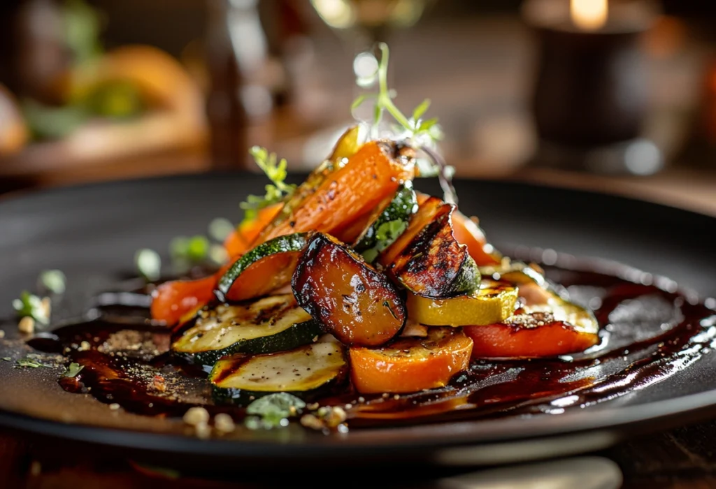 Roasted vegetables with sauce drizzled on a rustic plate.