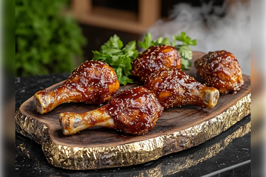 Perfectly smoked chicken drumsticks on a wooden board.