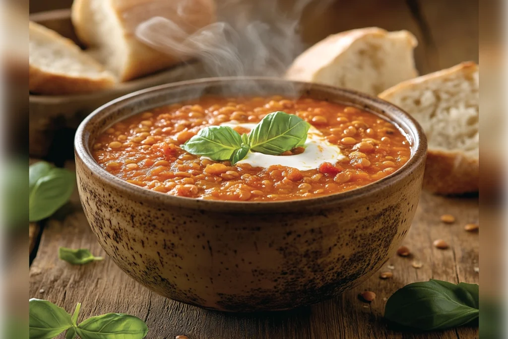 Steaming bowl of lentil tomato soup