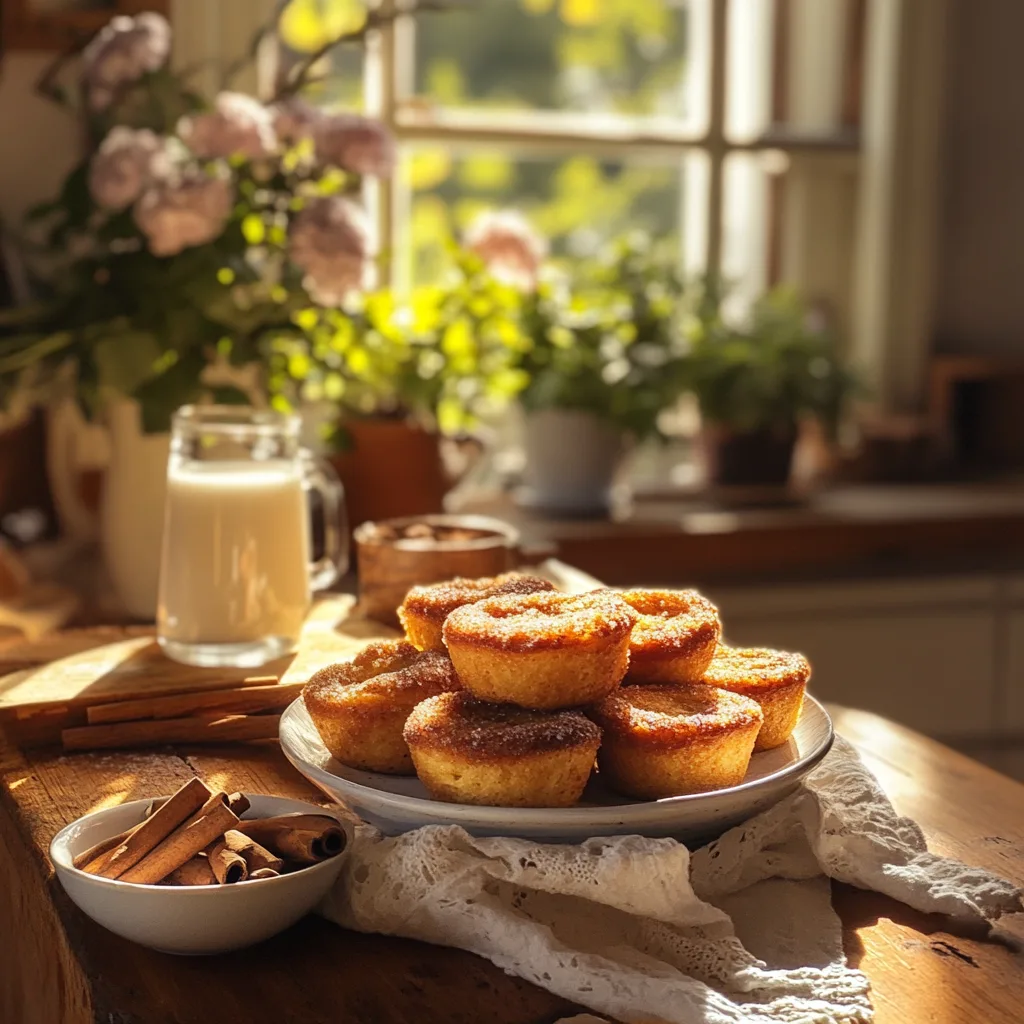 Plate of cinnamon sugar French toast muffins with warm kitchen vibes.