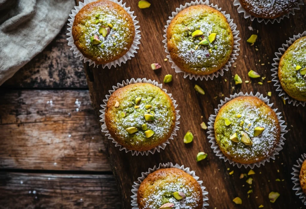 Freshly baked pistachio muffins on a wooden surface