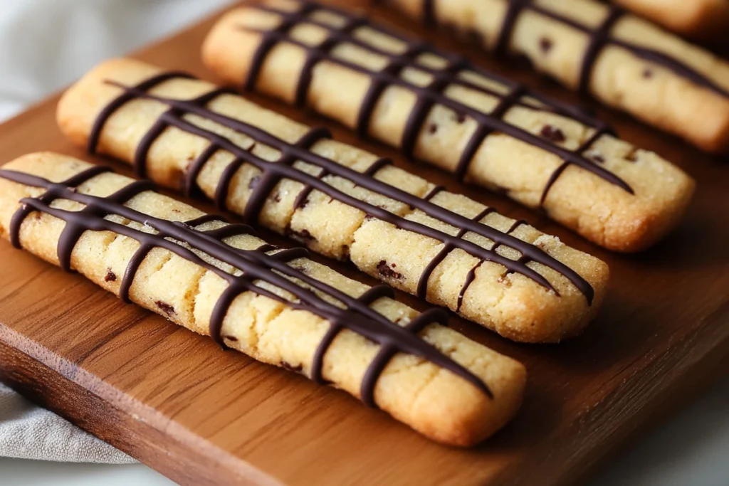 Freshly baked cookie sticks with chocolate drizzle