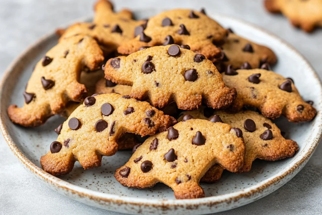 A plate of chocolate chip dinosaur cookies