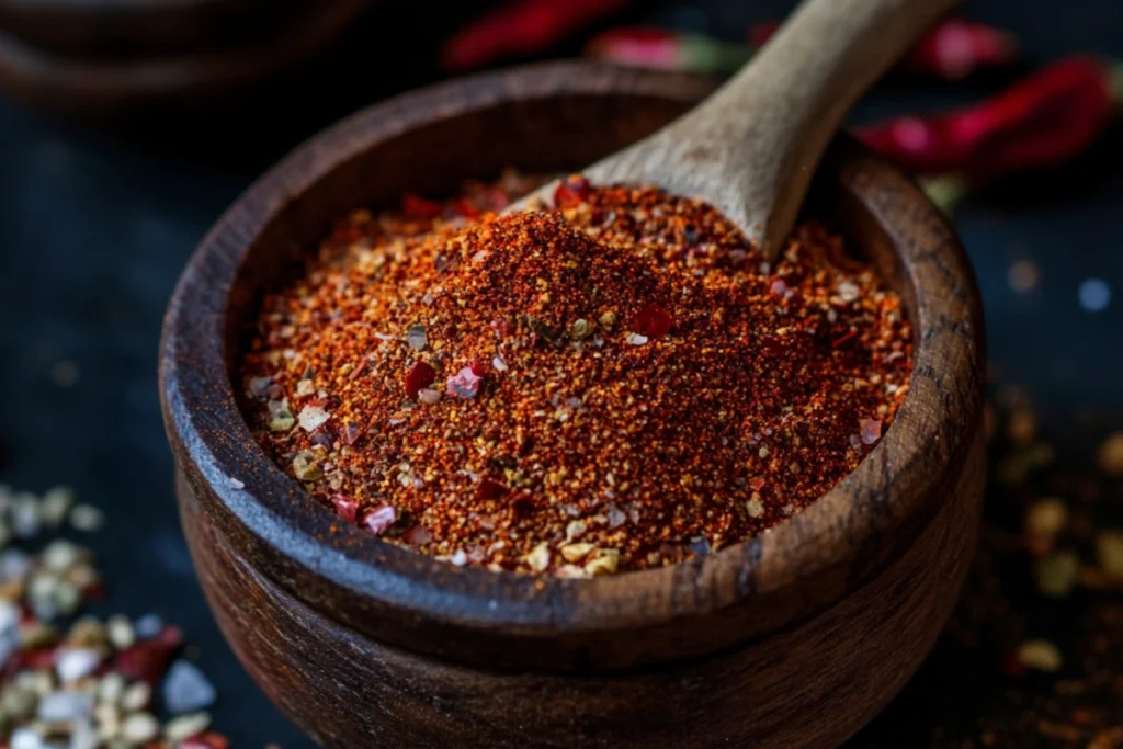 Chicken taco seasoning in a wooden bowl with spices around